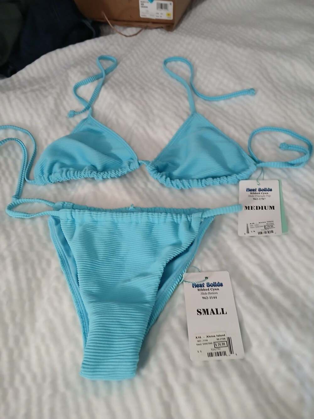 Alvina Island Heat Solids Ribbed Cyan Bikini Set Medium Top Small Bottom